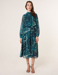 Watercolour Paisley Puffball High Neck Midi Dress