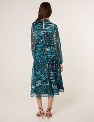 Watercolour Paisley Puffball High Neck Midi Dress