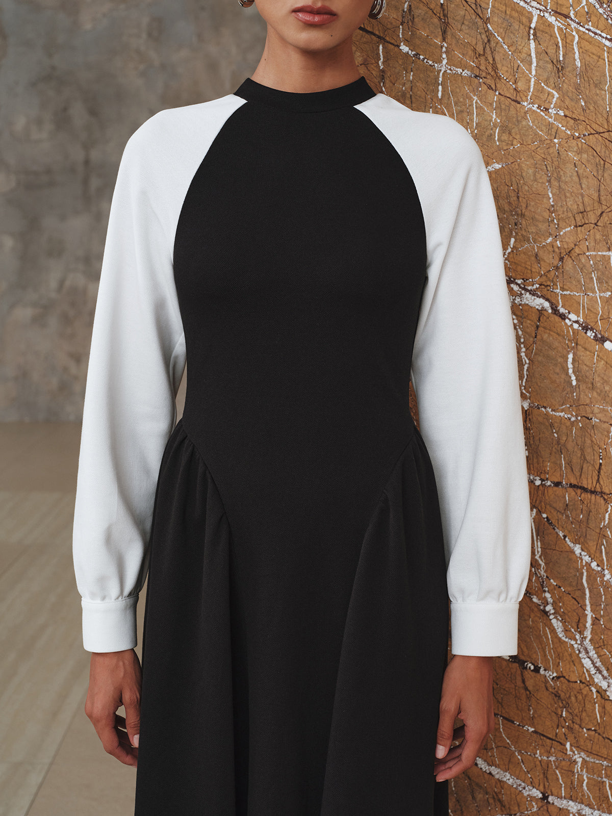 Contrast-Sleeve Pleated Midi Dress