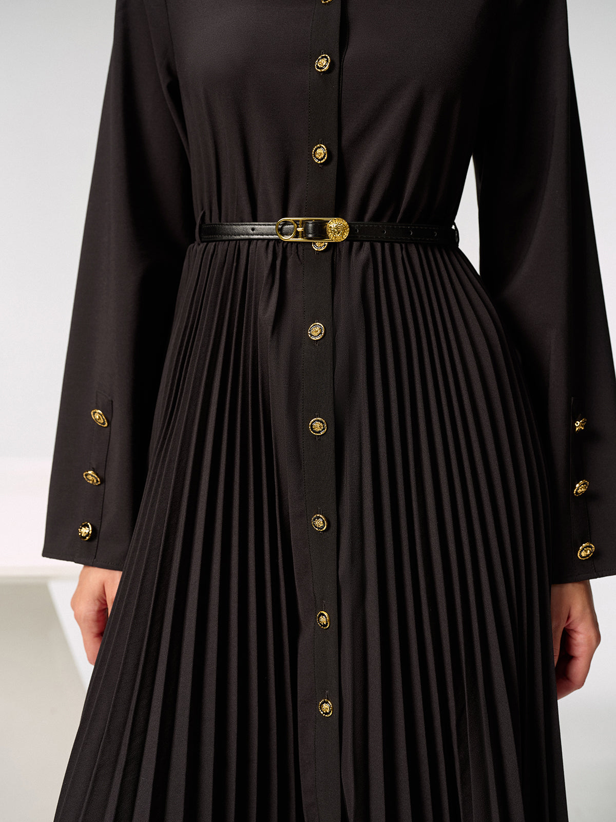 Metal Button Belted Pleated Shirt Dress