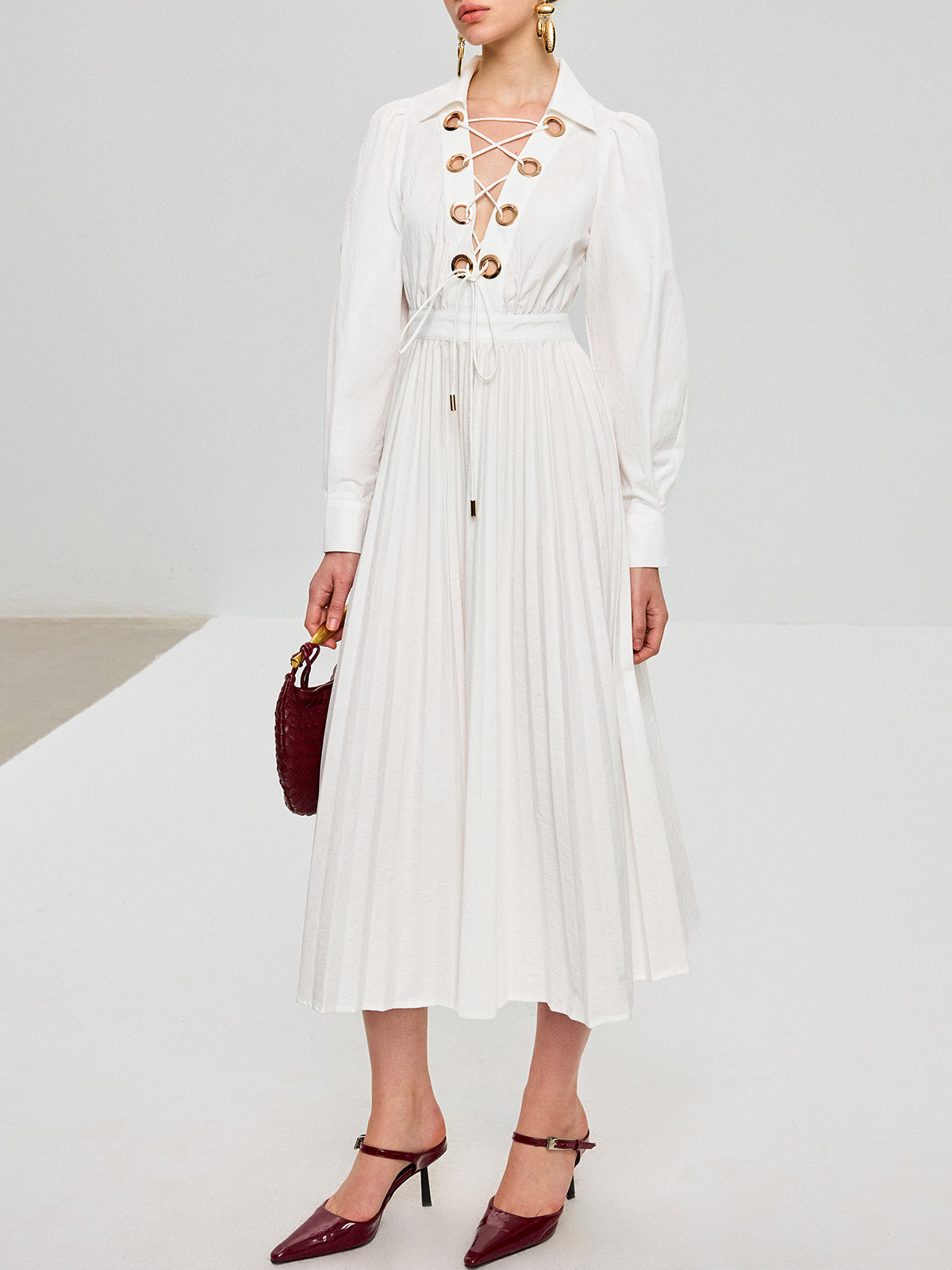 Lace-Up Pleated Midi Dress