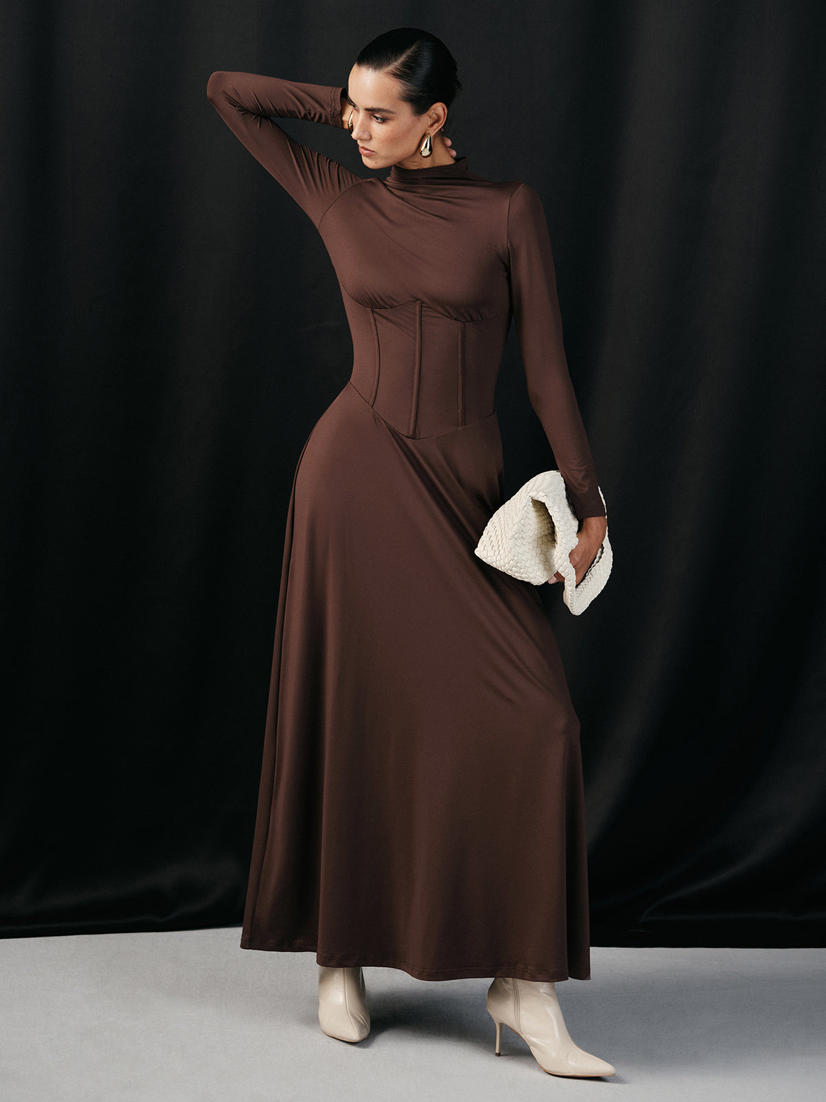 Mock Neck Corset Waist Long Sleeve Maxi Dress