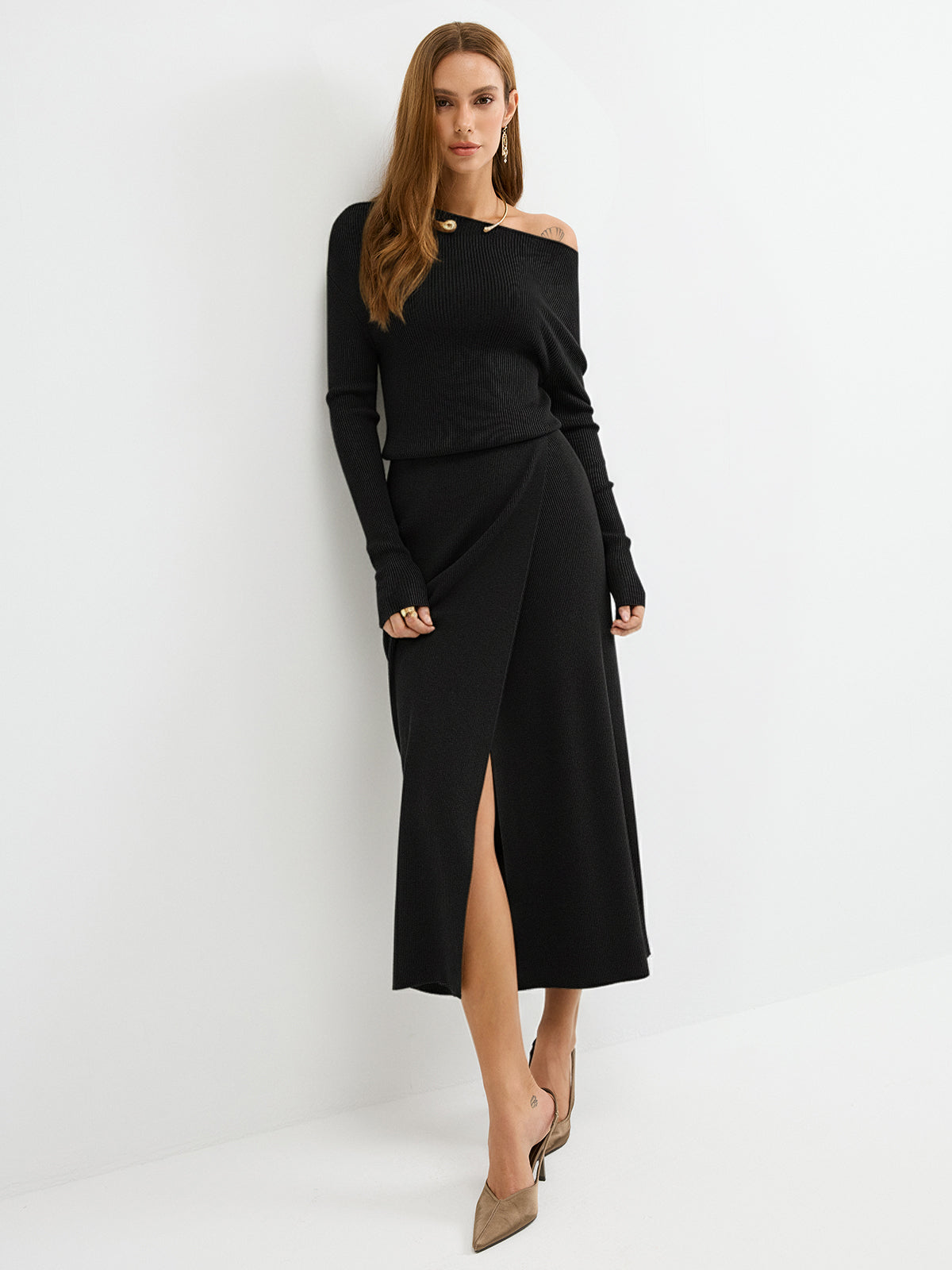 Off-Shoulder Ribbed Wool Blend Maxi Dress