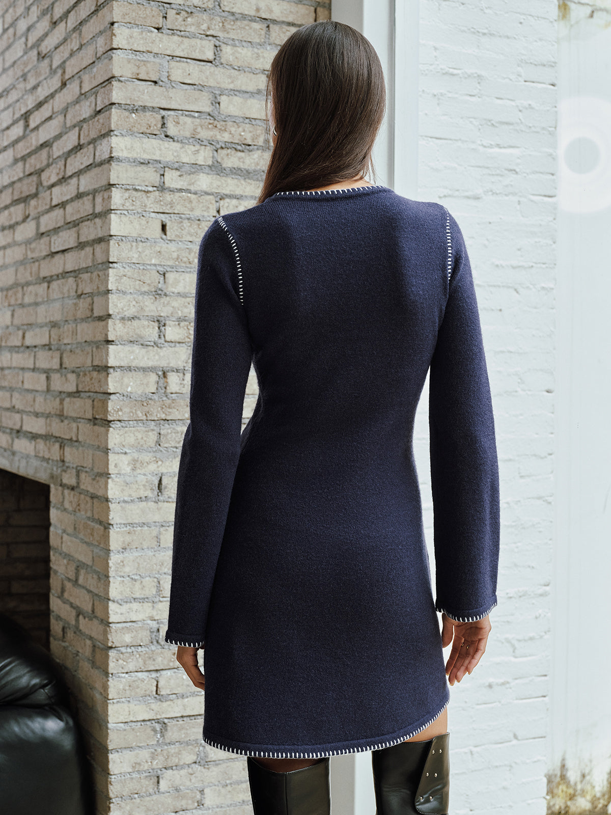 Contrast Stitched Knit Mini Dress