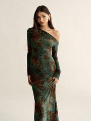 Floral Jacquard One-Shoulder Maxi Dress