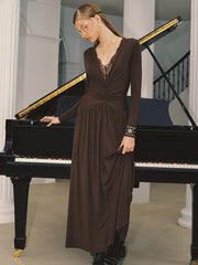 Lace V-Neck Ruched Maxi Dress