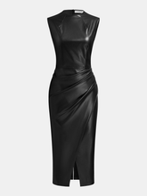 Draped Faux Leather Midi Dress with Side Slit