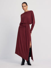 Long Sleeve Ruched Slit Maxi Dress