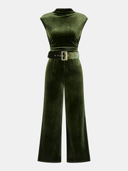 Velvet Sleeveless Belted Wide-Leg Jumpsuit