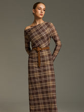 Plaid Mesh Off-Shoulder Maxi Dress without Belt