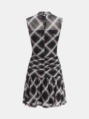 Mock Neck Ruffle Sheer Plaid Mini Dress