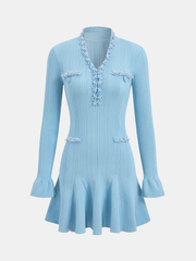 Ruffled Hem Pearl Trim Knit Mini Dress