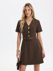 Metal Button V-Neck Belted Mini Dress