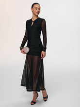 Semi-Sheer Mesh Ruched Keyhole-Neck Dress