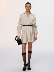 Pleated Cotton-Linen Belted Shirt Dress