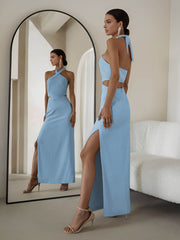 Crisscross Cutout Halter Split Knit Long Dress