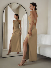 Crisscross Cutout Halter Split Knit Long Dress