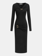 Metal Detail Long-Sleeve Midi Dress