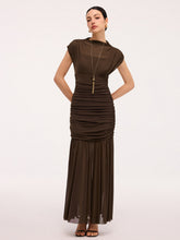 Semi-Sheer Ruched Mesh Cap Sleeve Maxi Dress