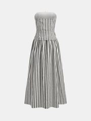 Striped Strapless Cotton Linen Ruched Dress