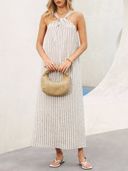 Halter Striped Cotton-Linen Maxi Dress