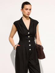 Linen Blend Sleeveless Lapel Wide Leg Jumpsuit