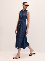 Cotton Blend Sleeveless Belted Maxi Dress