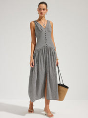 Gingham Cotton Sleeveless V-Neck Maxi Dress