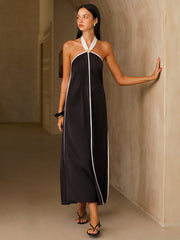 Satin Contrast Trim Halter Midi Dress