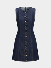 Scallop Button Front Sleeveless Denim Mini Dress