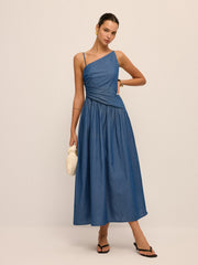Faux Denim Asymmetrical Cami Maxi Dress