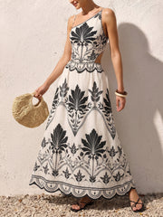 Leaf Print Cutout Asymmetrical Cami Maxi Dress