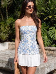 Strapless Floral Pleated Mini Dress