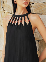 Bead Cutout Neck Crinkle Maxi Dress