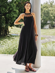 Bead Cutout Neck Crinkle Maxi Dress