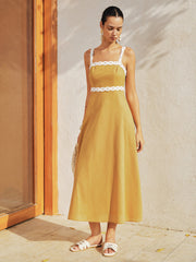 Contrast Trim Cotton Linen Midi Dress