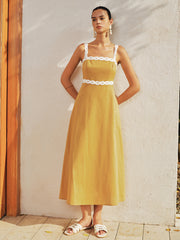 Contrast Trim Cotton Linen Midi Dress