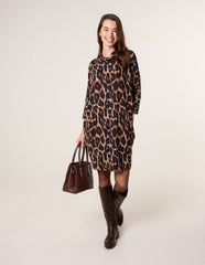 Leopard Print Draped Cowl Neck Tunic Dress