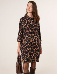 Leopard Print Draped Cowl Neck Tunic Dress