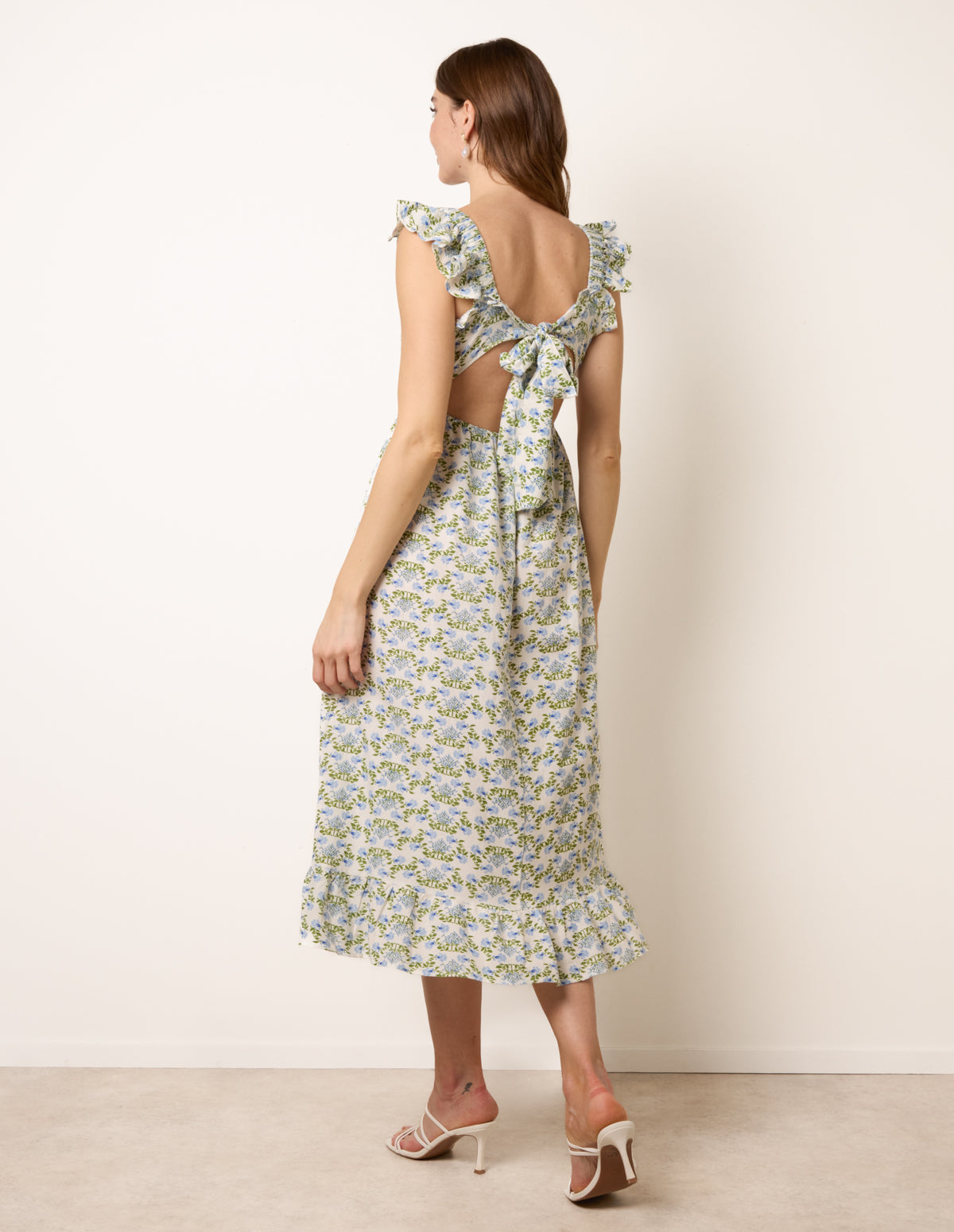 Floral & Frill Shirred Bodice Midi Dress