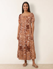 Tie Front Shirred Midi Dress