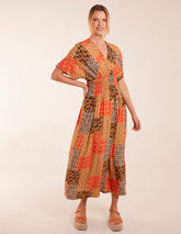 Abstract Patchwork Pattern V Neck Maxi Dress