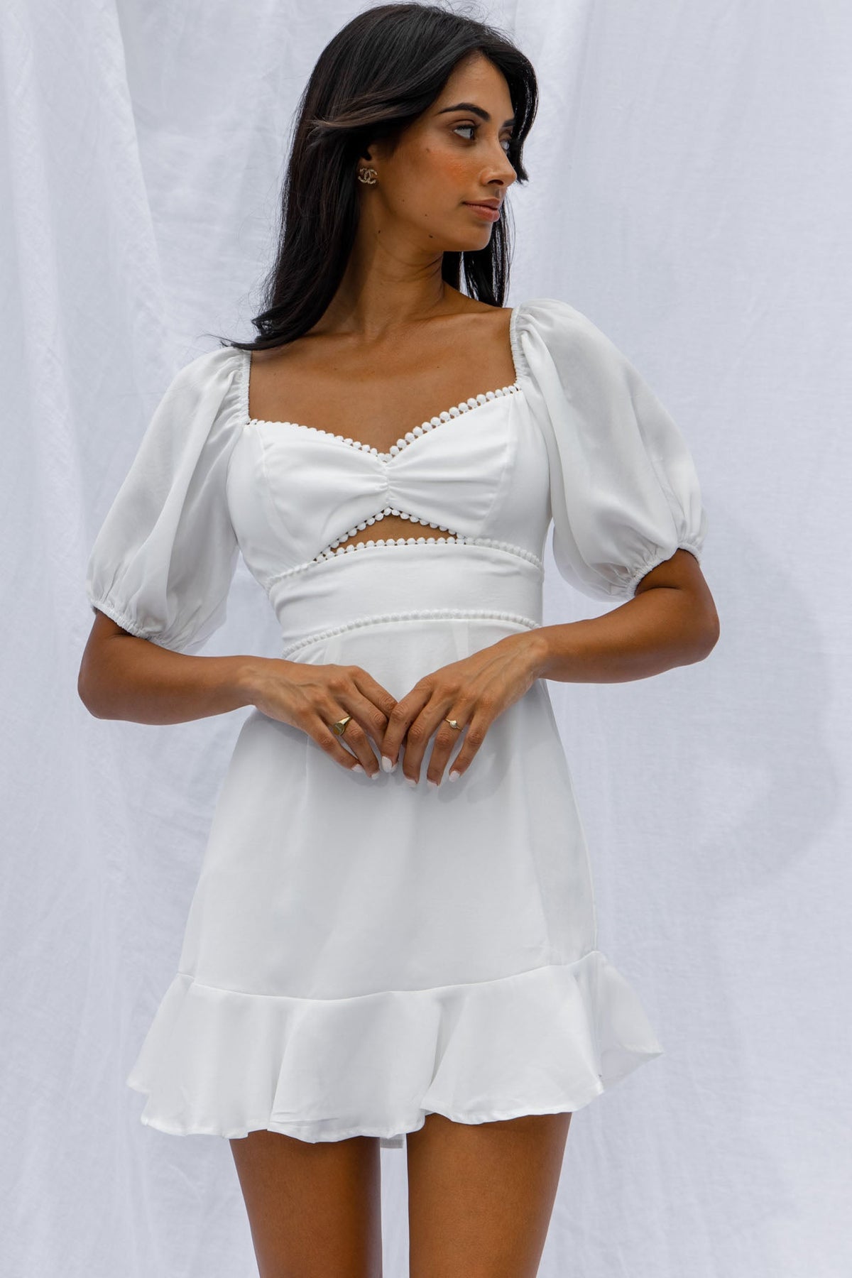 Catch Feelings Sweetheart Neckline Puff Sleeve Dot Trim Dress White