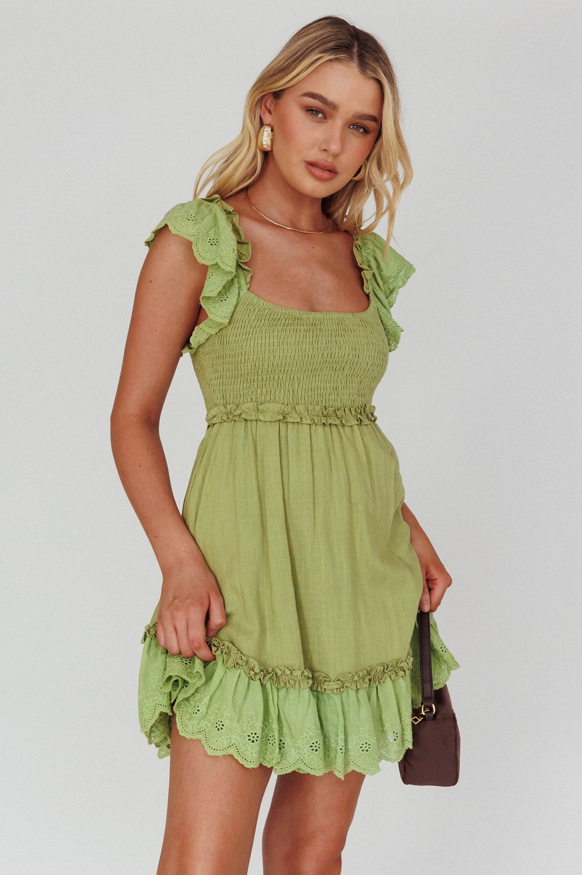 Bay Breeze Frill Shoulder Shirred Bodice Dress Olive