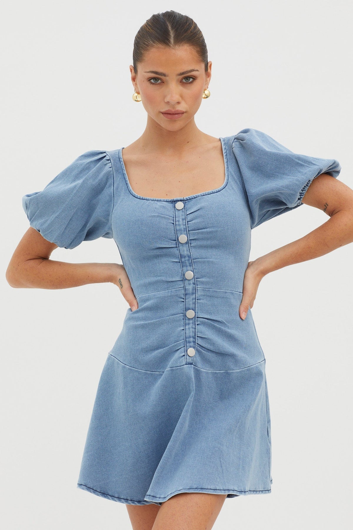 New Heights Puff Sleeve Mini Dress Denim Blue