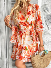 Molly Ruffle Floral Wrap Mini Dress - orange