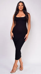Denali Black Snatched Ribbed Midi Dress