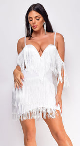 Julie Fringe Off The Shoulder Bandage Dress - White