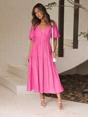 KIMONA SMOCKED SHORT SLEEVE MAXI DRESS - ORCHID