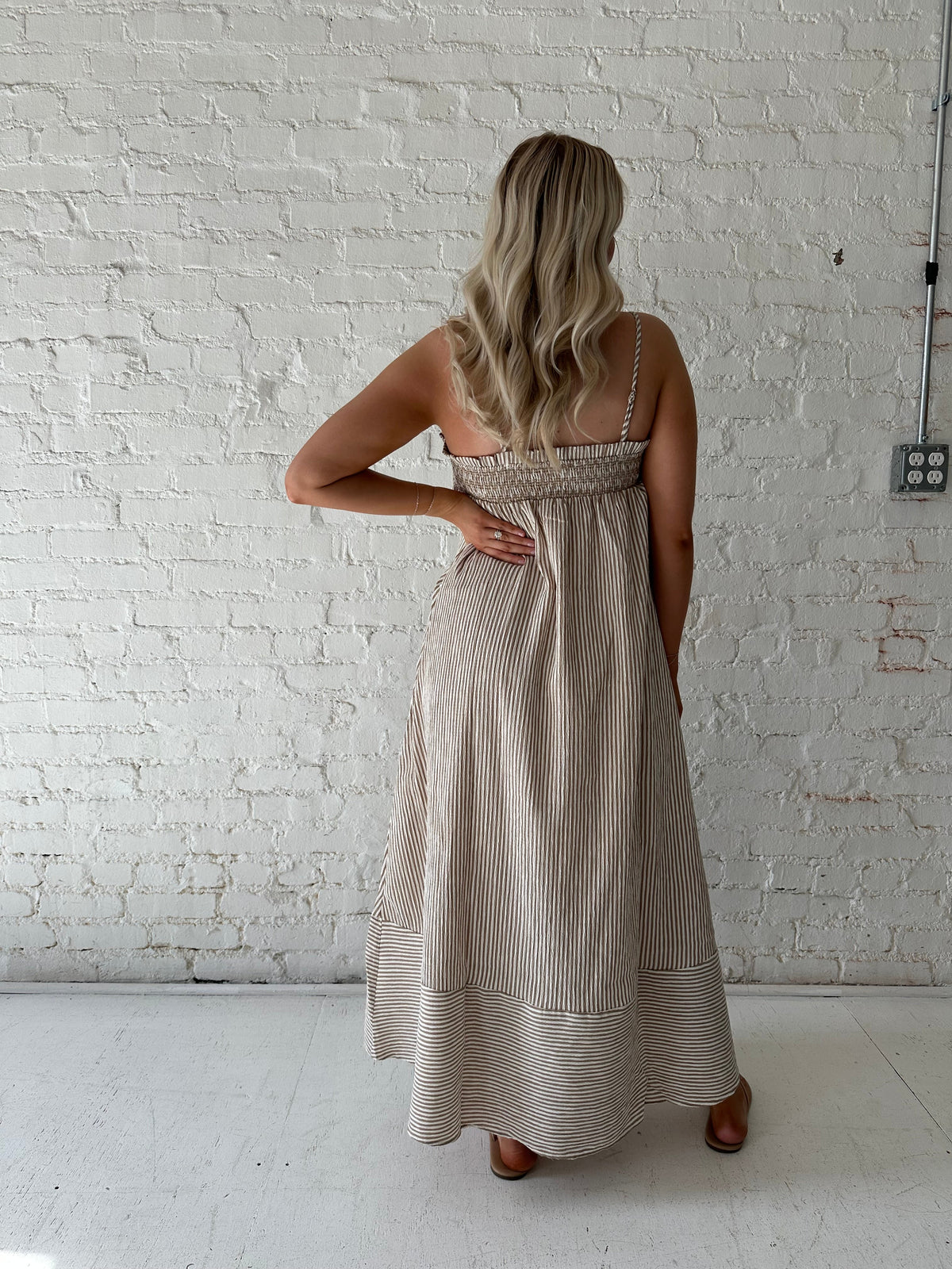 Halston Brown Stripe Smocked Tunic Maxi Dress